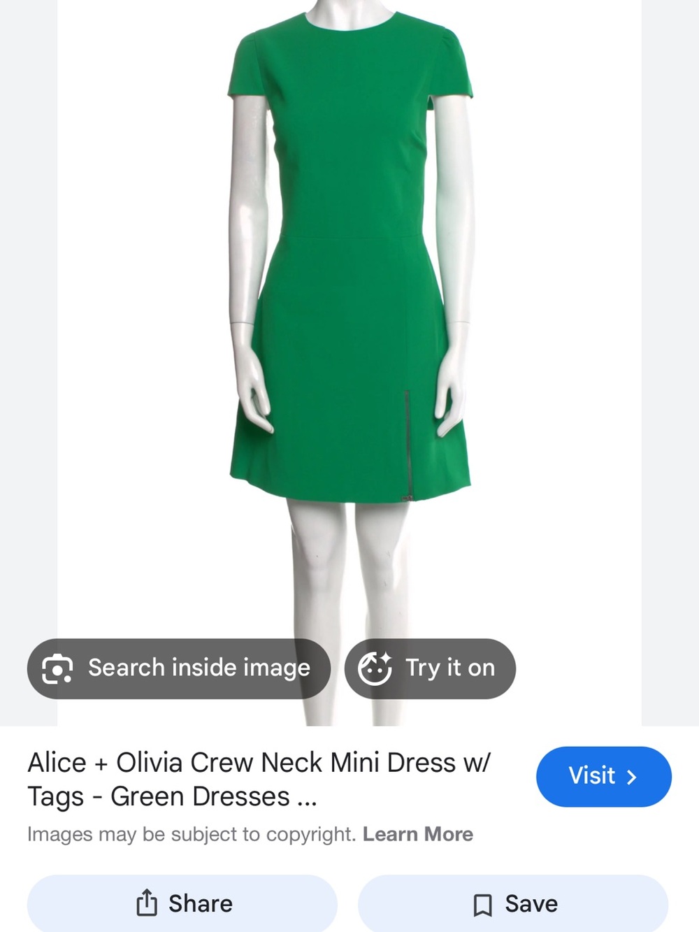 Alice + Olivia Emerald Green Short-Sleeve Crew Neck Mini Dress